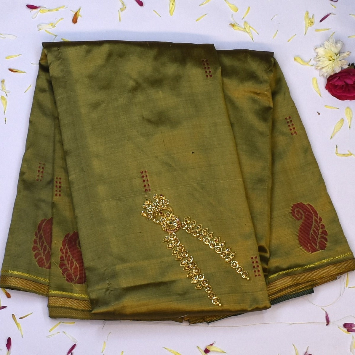 Kanchivaram silk Olive Gold Saree with Blouse