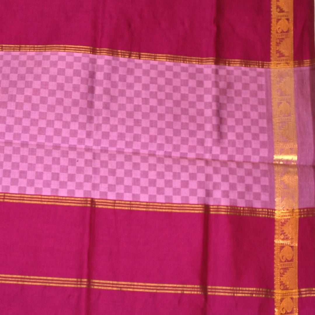 Kanchi Semi Cotton Pink Checks Saree With Zari Border