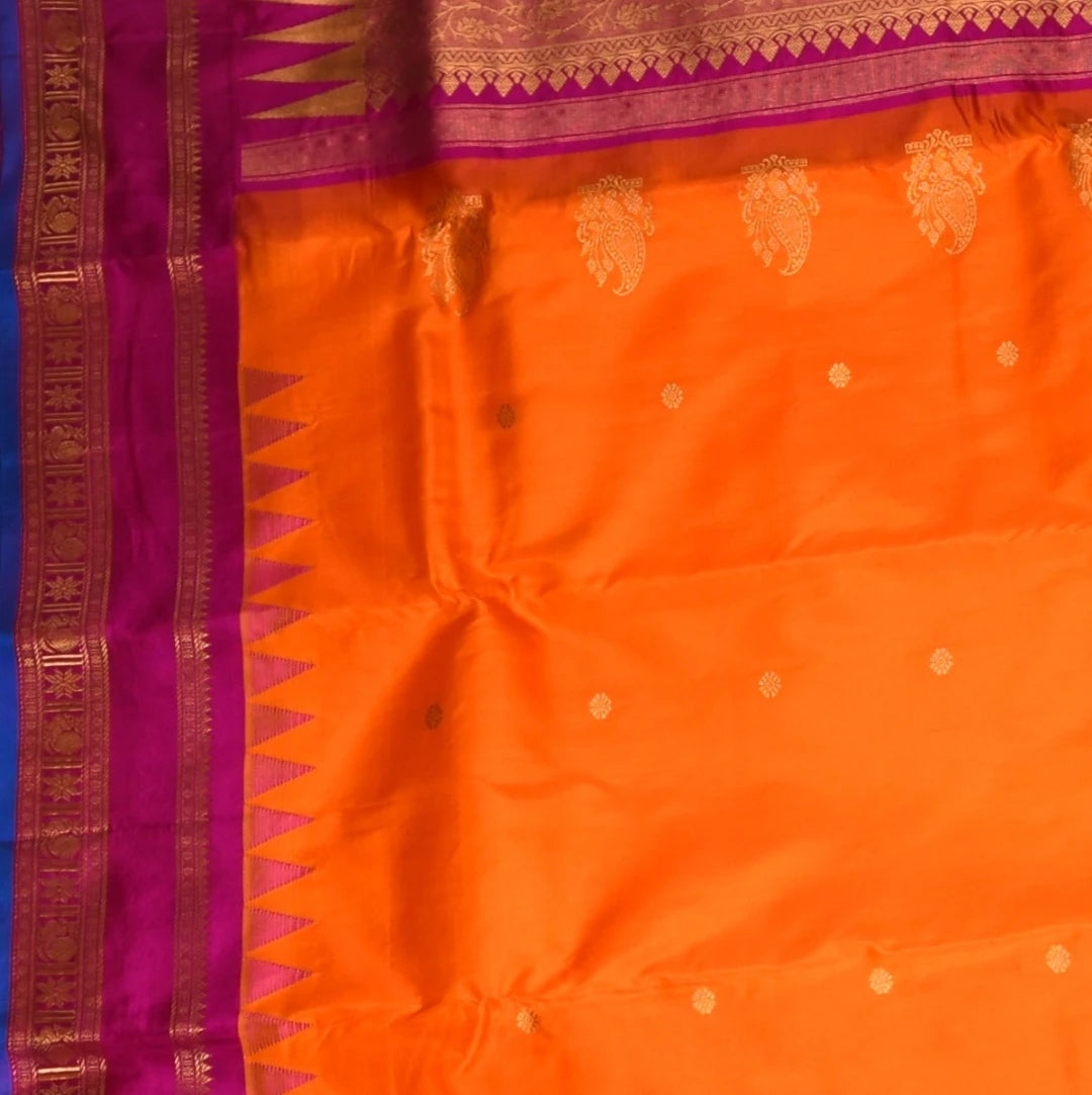 Ilkal Gadwal Silk Orange Saree Pink Jari Boarder with Blouse