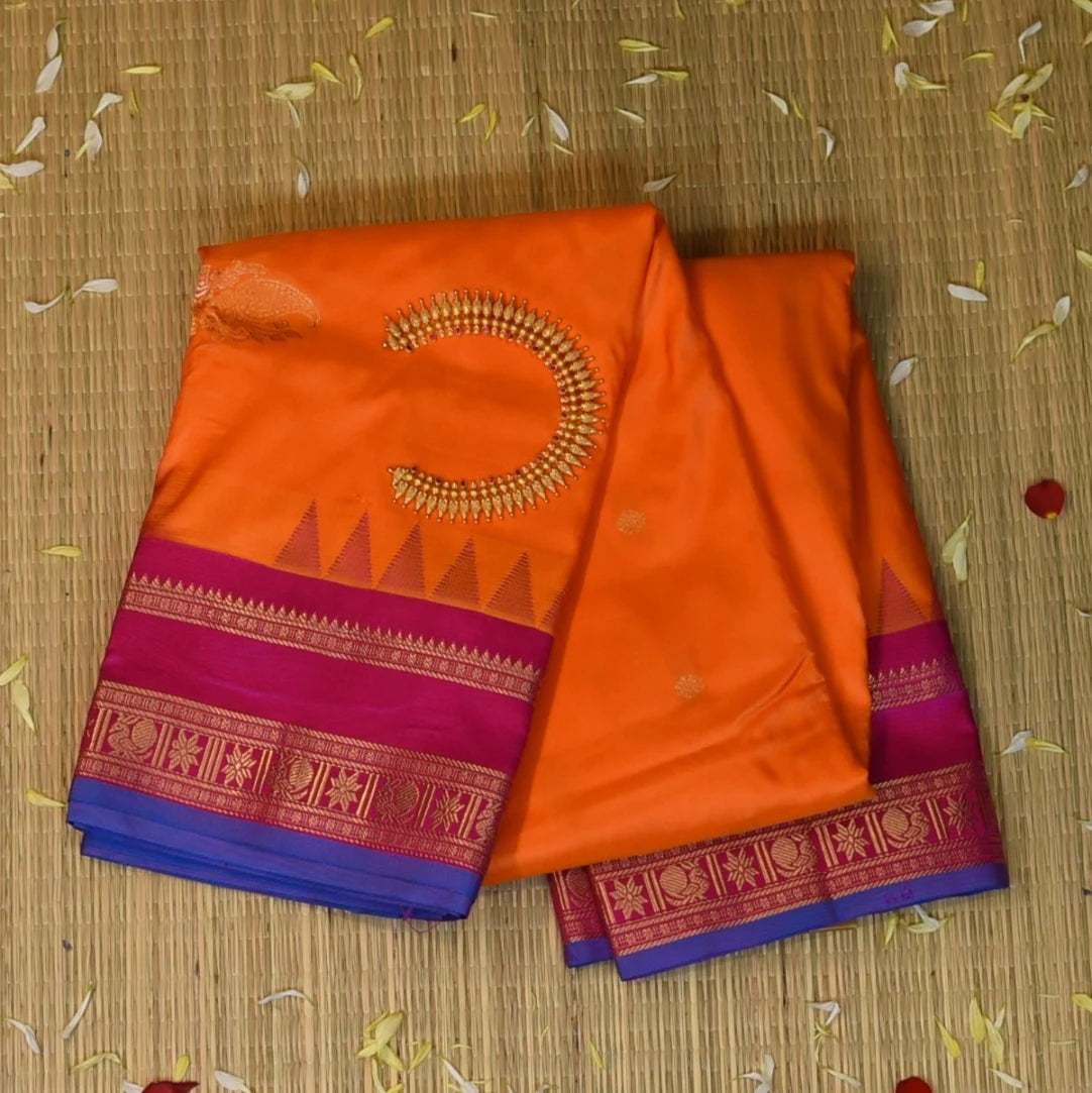 Ilkal Gadwal Silk Orange Saree Pink Jari Boarder with Blouse