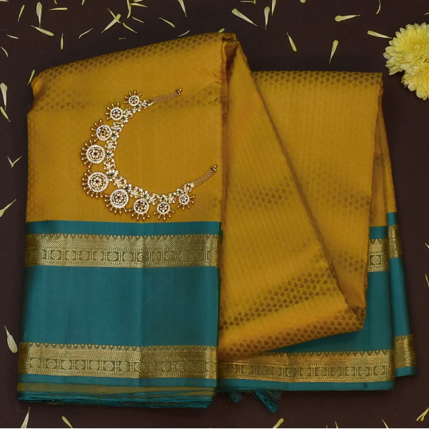 Kanchipuram Silk Dark Mustard Saree with Blouse