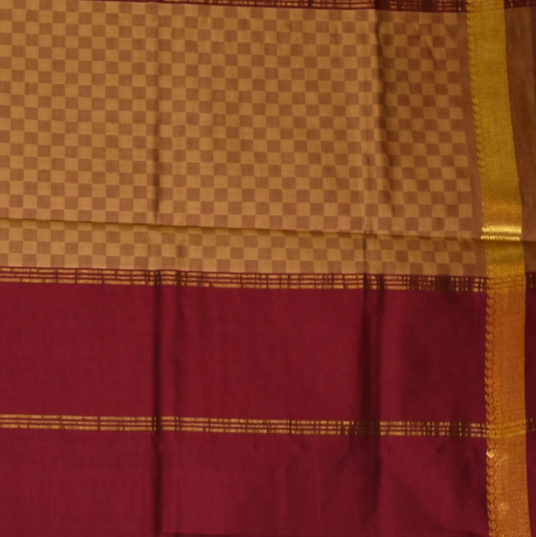 Kanchi Semi Cotton Brown Checks Saree With Zari Borde