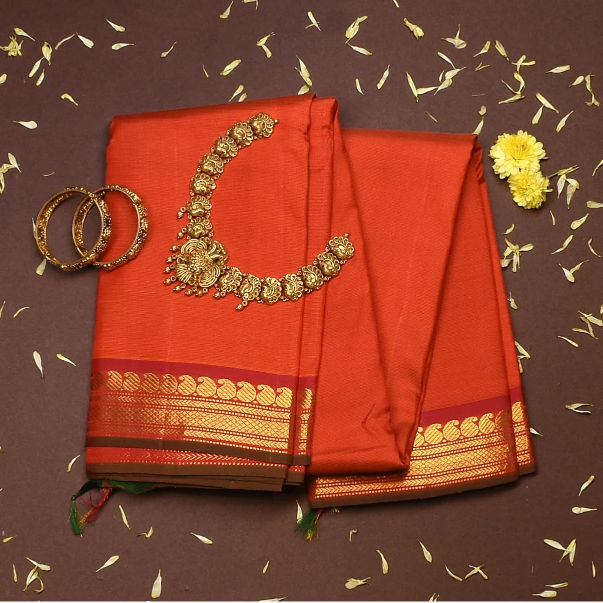 Kanchipuram Silk Poppy Red Saree with Blouse