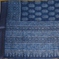 Chanderi Navy blue saree with white block print