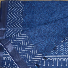 Chanderi  Navy blue saree with white block print
