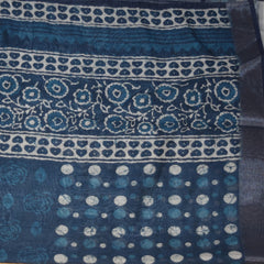 chanderi Navy Blue saree with white block print