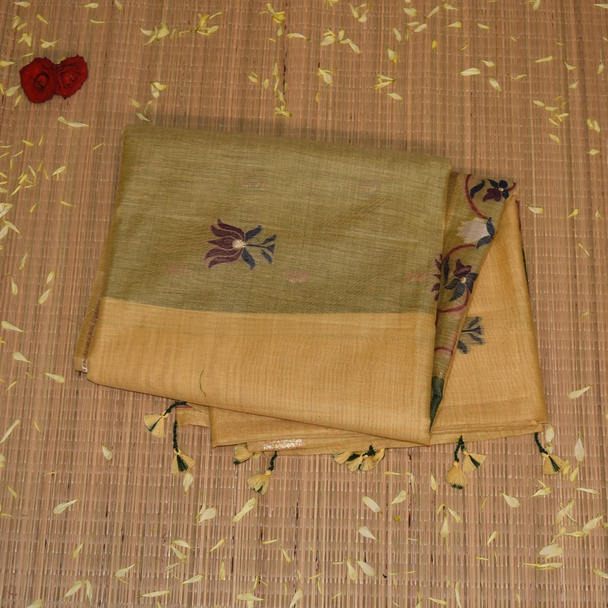 Chanderi silk cotton Mustard yellow saree with jari boarder