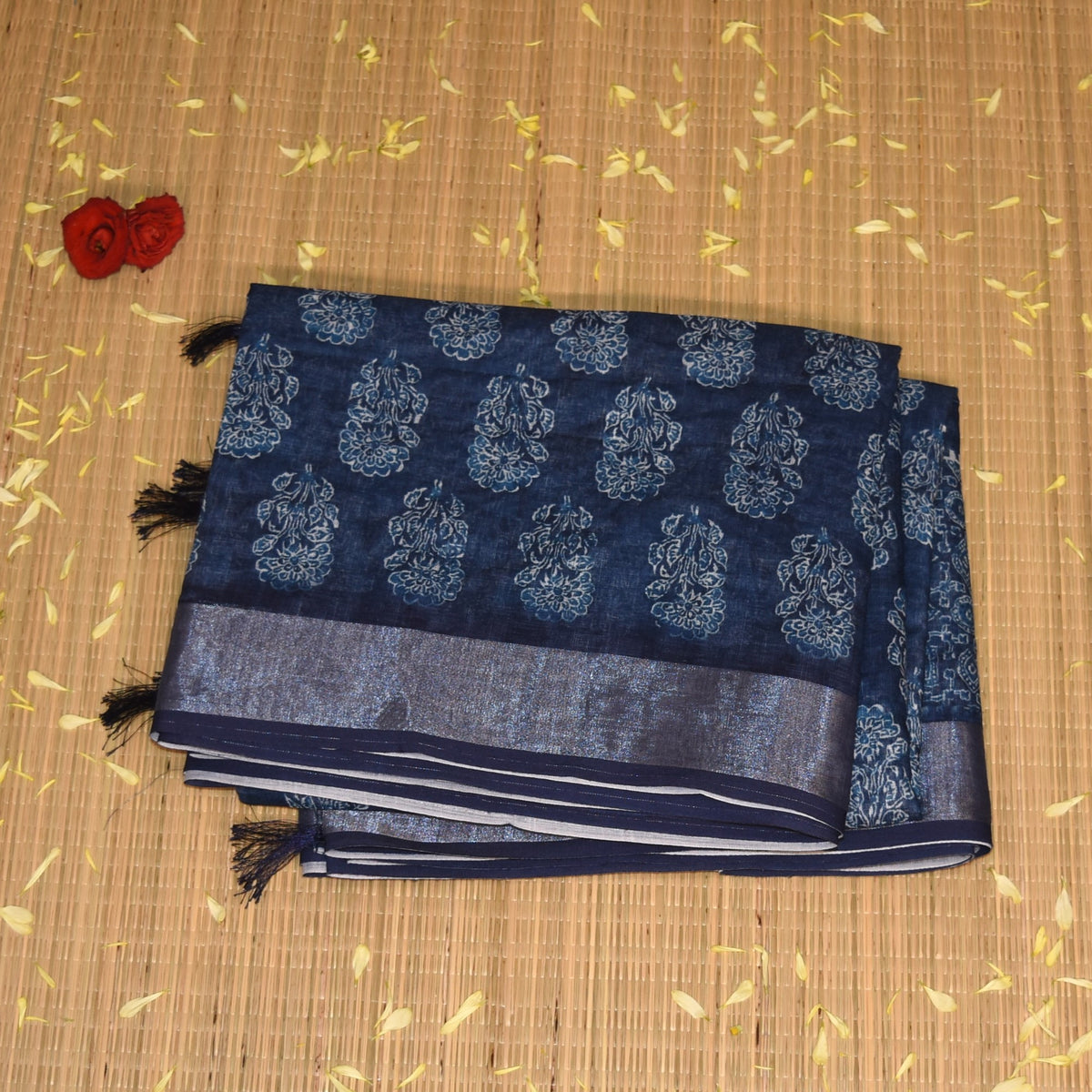 Chanderi Navy blue saree with white block print