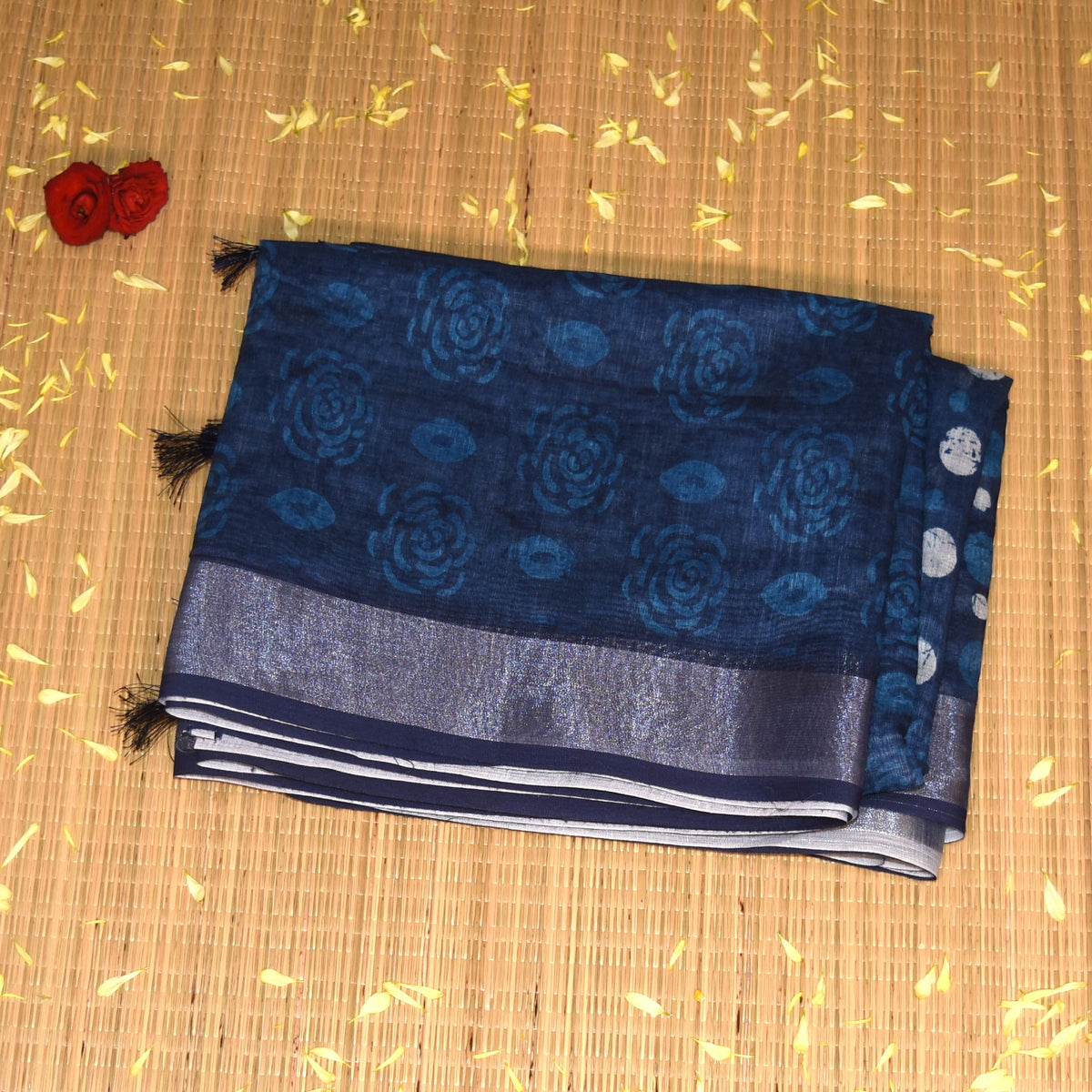 chanderi Navy Blue saree with white block print