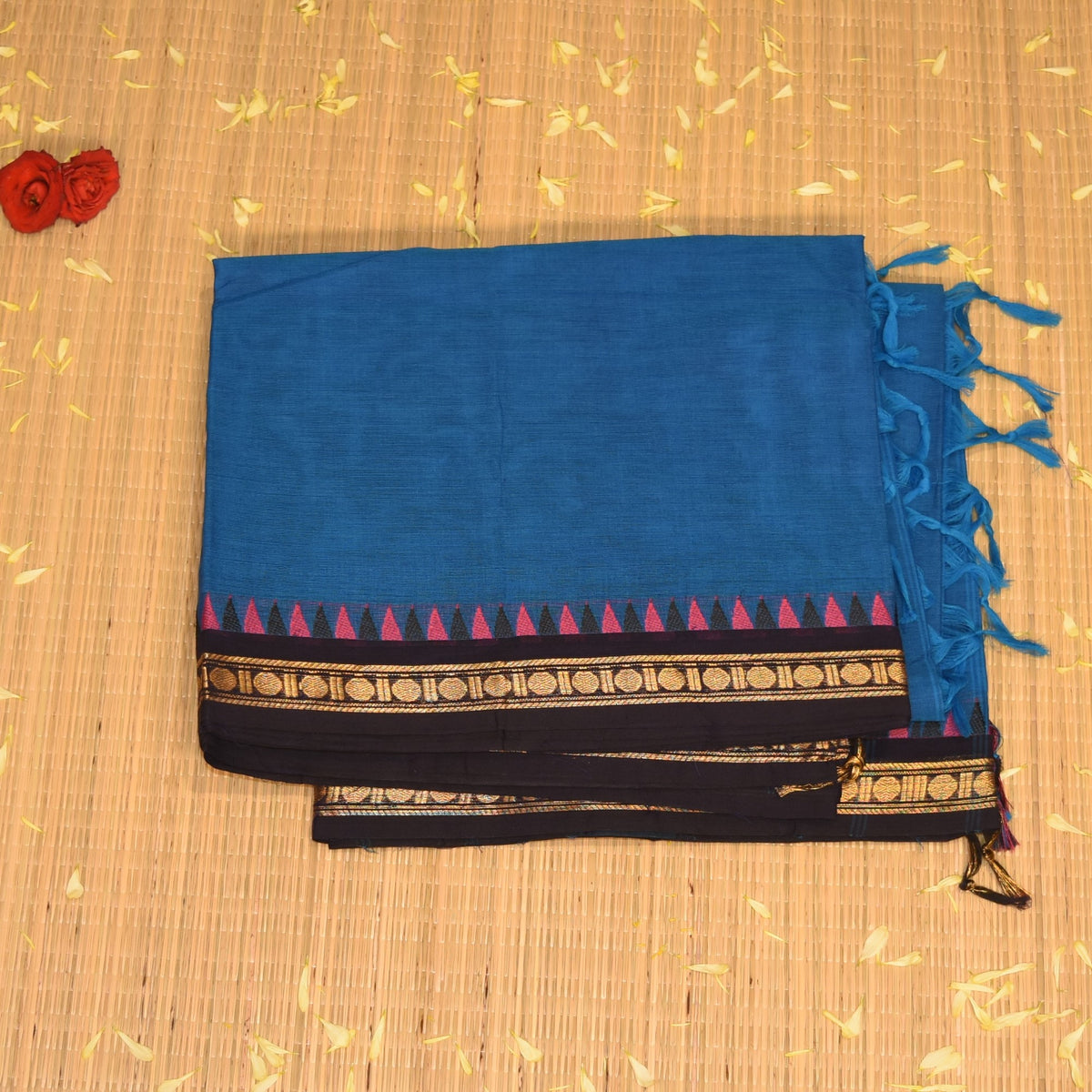Kanchi Cotton Teal blue saree with temple boarder