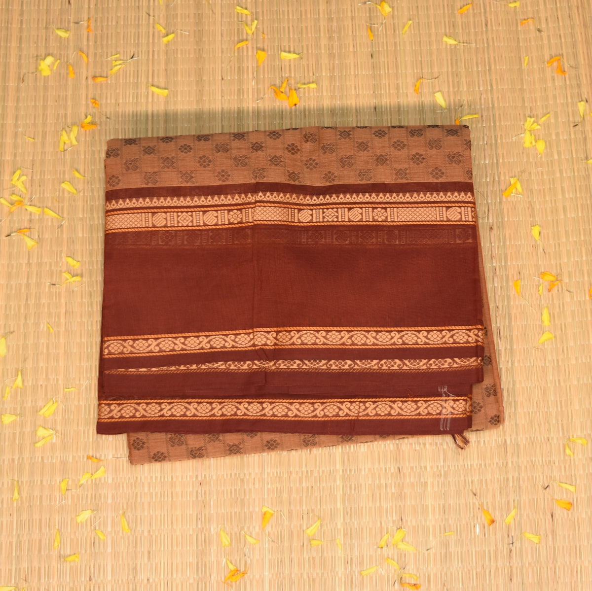 Kanchi Cotton Mustard Orange saree with thread boarder