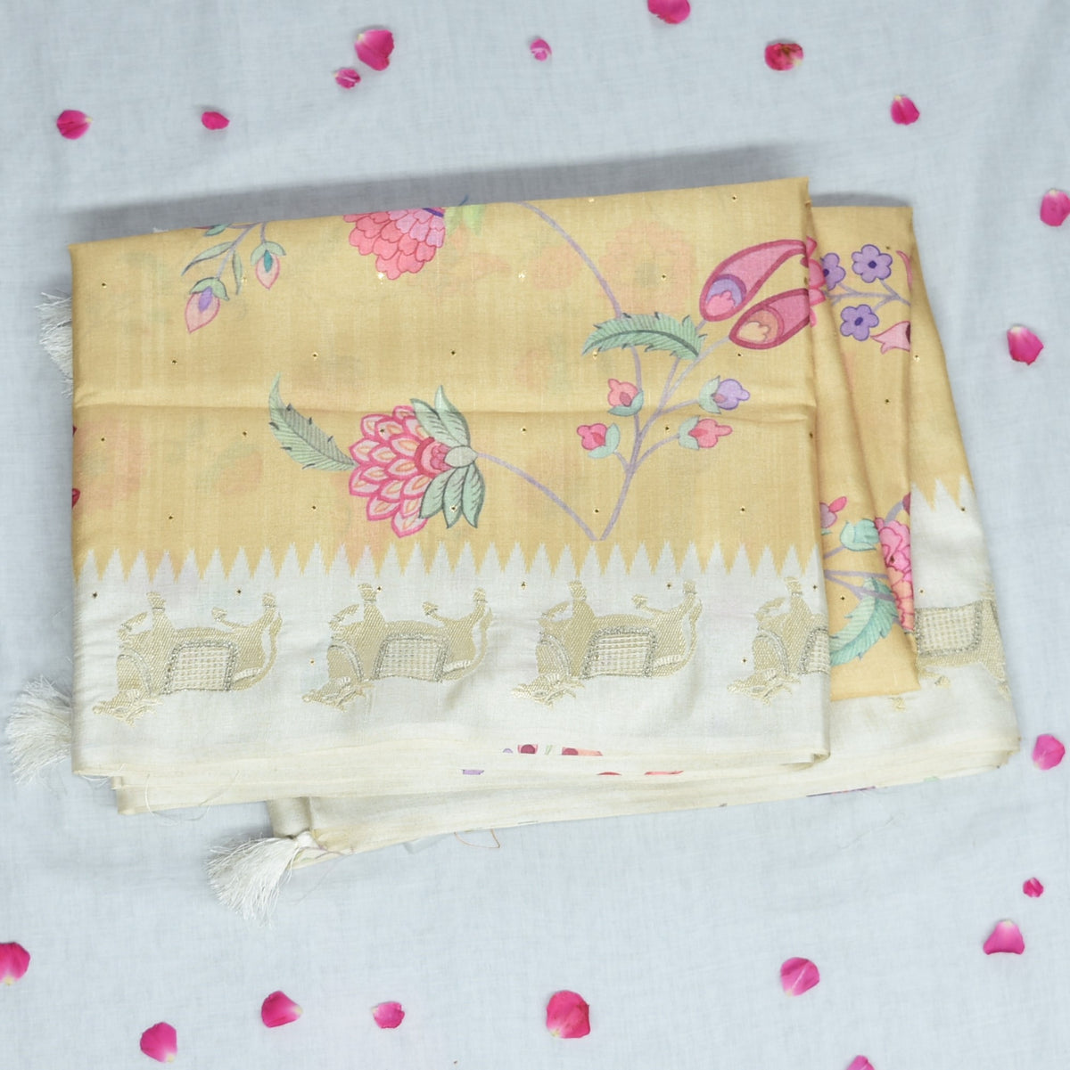 4362 mustard yellow semi tussur saree with pichwai boarder