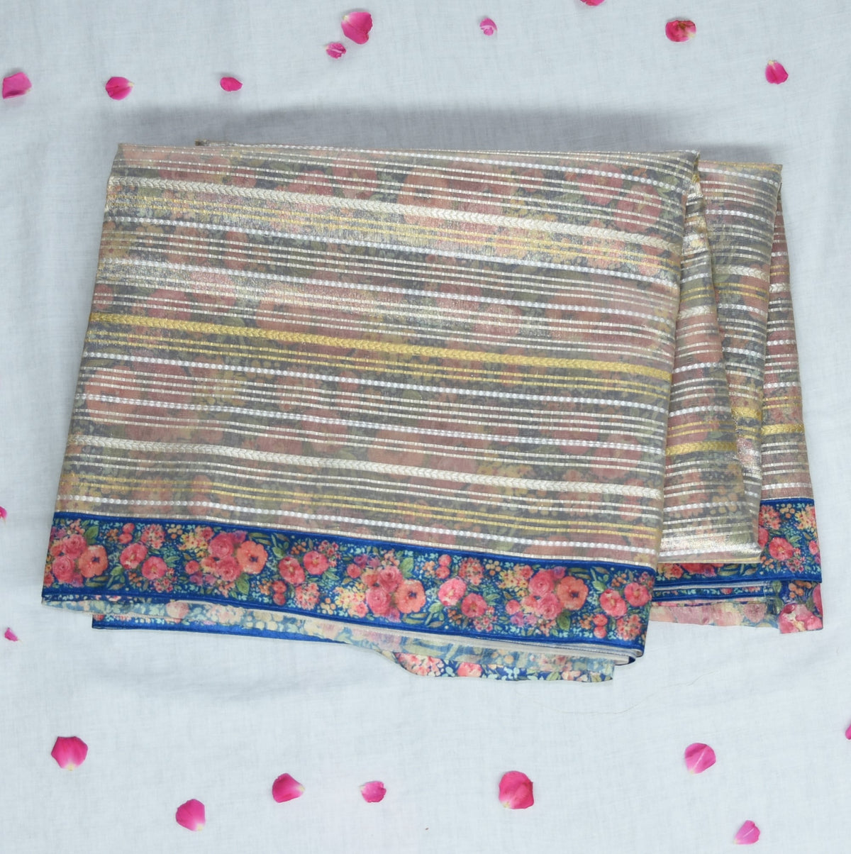 4355 golden ivory super net benarasi saree with blue boarder