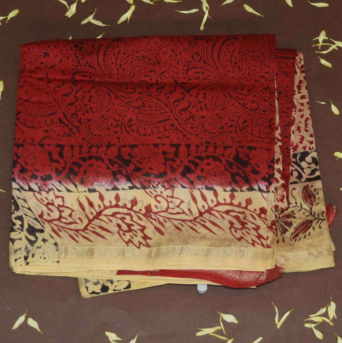 4374 red chanderi saree with block print