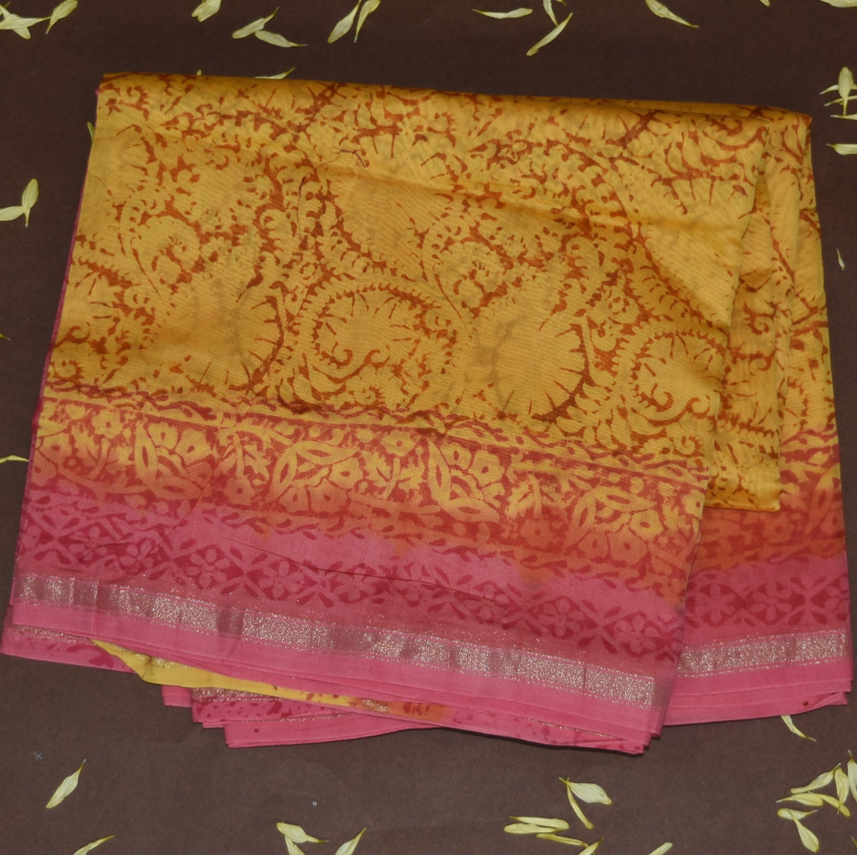 4380 yellow chanderi saree with block prints