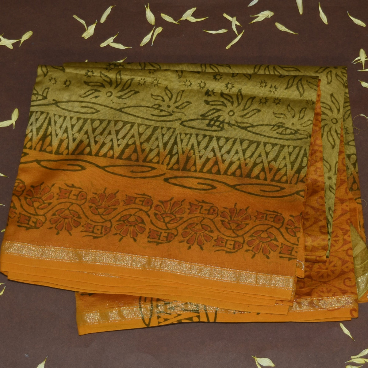 4372 olive green chanderi saree with block print