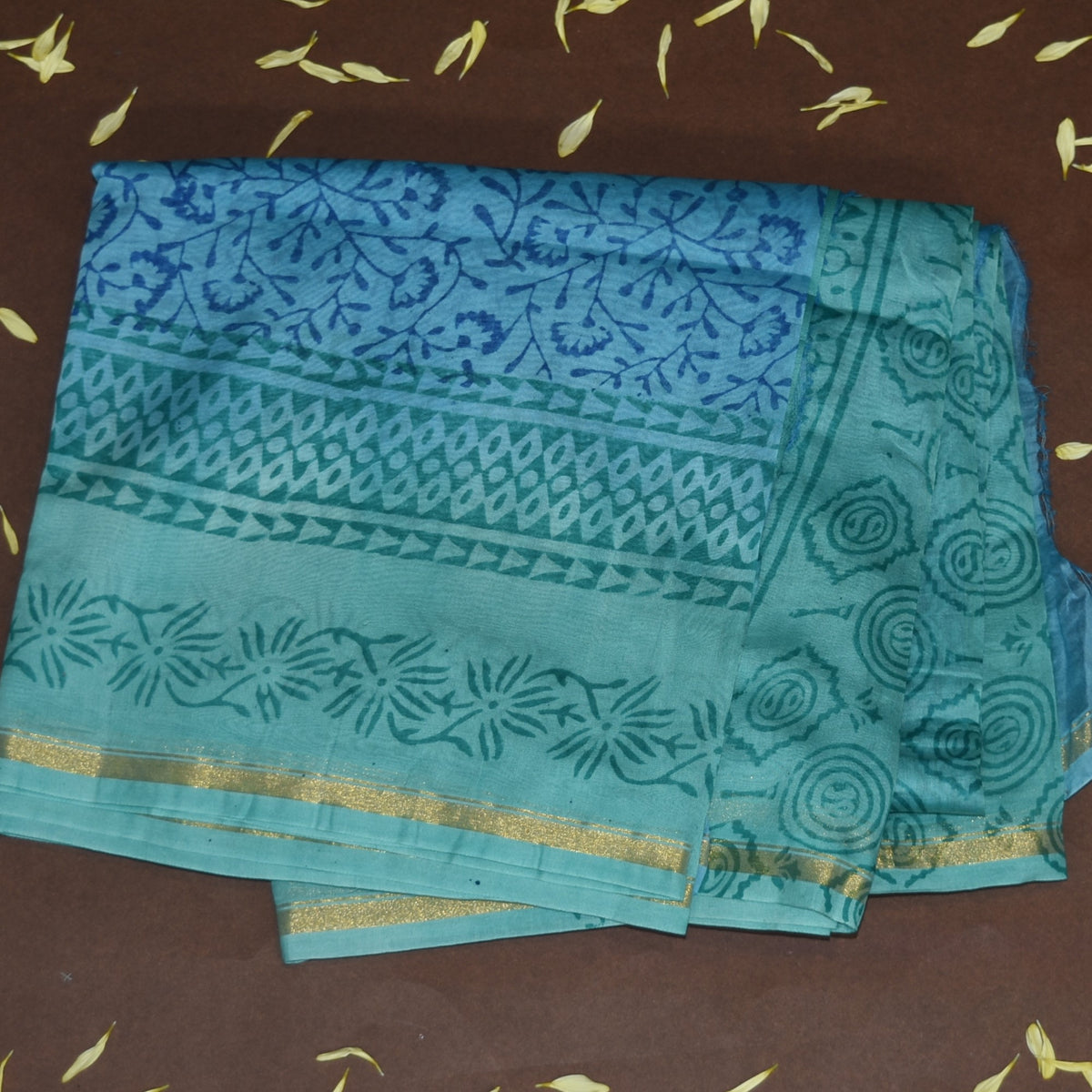4377 sky blue chanderi saree with block print