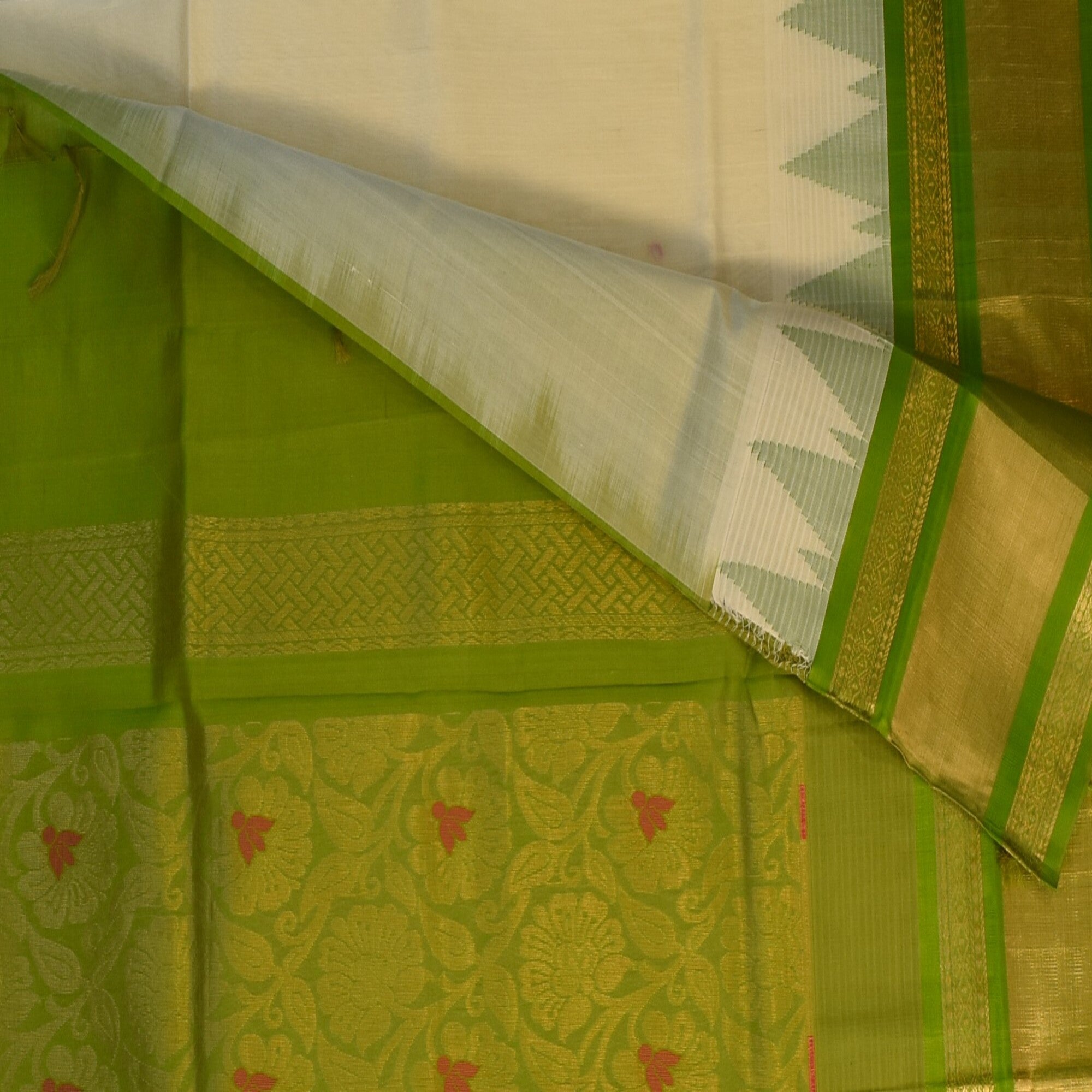 Silk cotton half white saree with green boarder